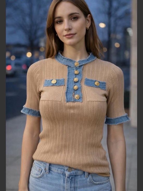 Tops - FR22. From Paris Ribbed Knit Short-Sleeve Top with denim trim (assorted)